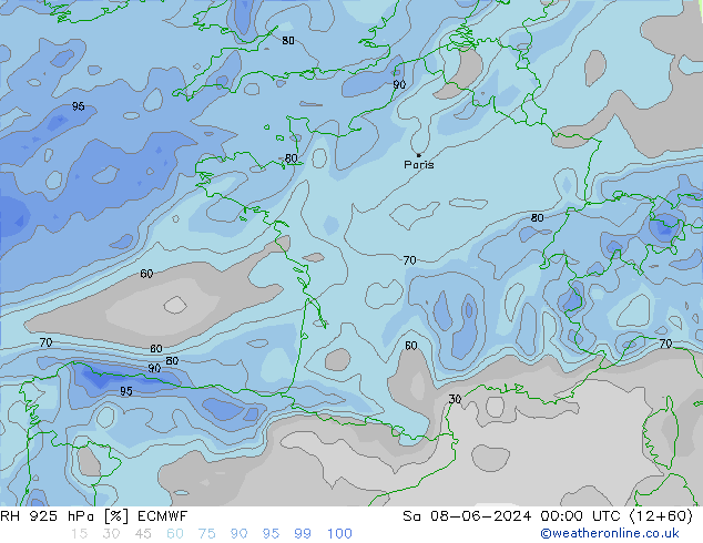 Humedad rel. 925hPa ECMWF sáb 08.06.2024 00 UTC