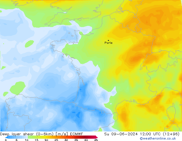 Deep layer shear (0-6km) ECMWF Paz 09.06.2024 12 UTC