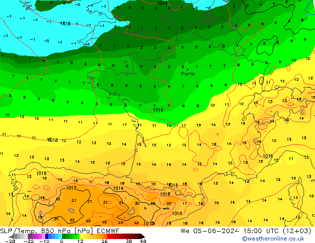 SLP/Temp. 850 hPa ECMWF Qua 05.06.2024 15 UTC