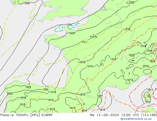 Theta-e 700hPa ECMWF We 12.06.2024 12 UTC