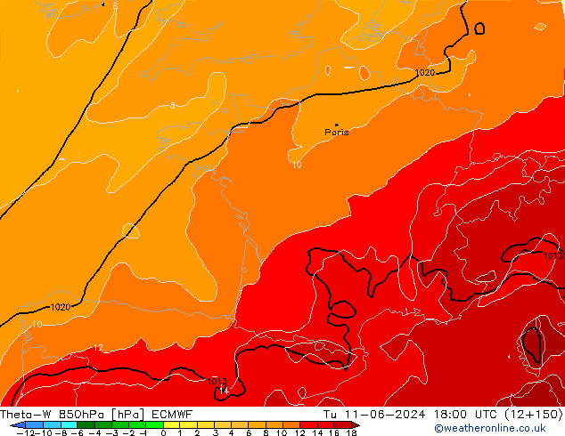 Theta-W 850hPa ECMWF Tu 11.06.2024 18 UTC