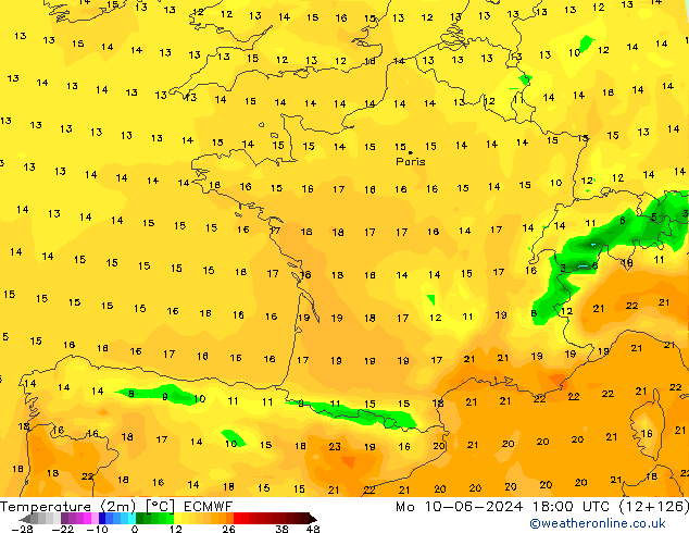 Temperature (2m) ECMWF Po 10.06.2024 18 UTC