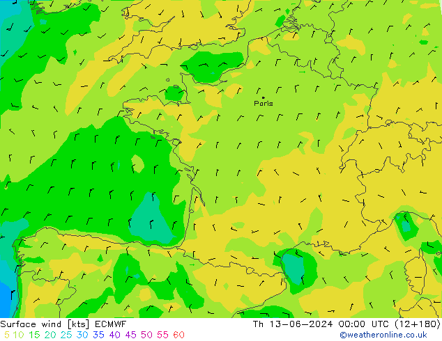 Surface wind ECMWF Th 13.06.2024 00 UTC