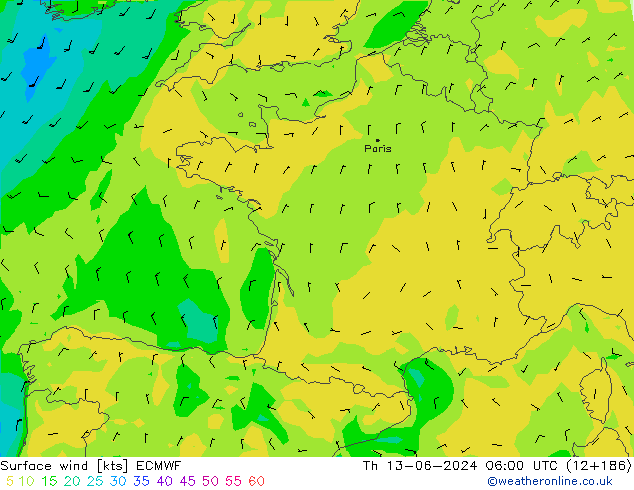 Vento 10 m ECMWF Qui 13.06.2024 06 UTC