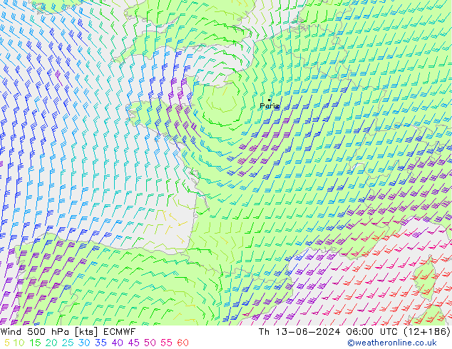 Wind 500 hPa ECMWF Čt 13.06.2024 06 UTC