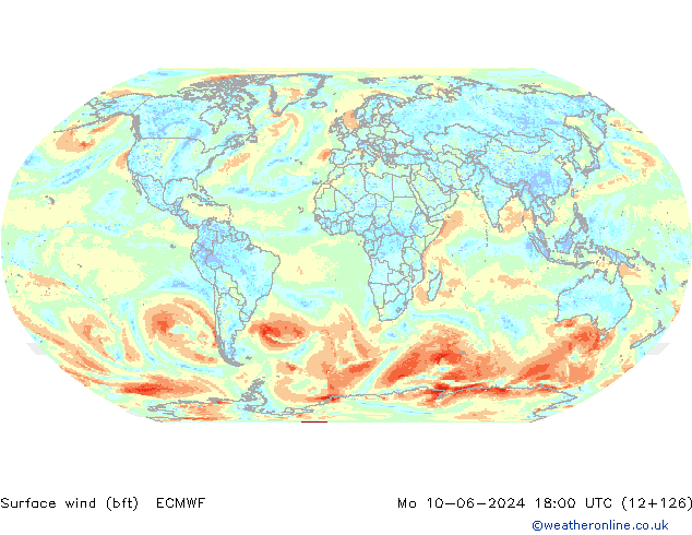 Surface wind (bft) ECMWF Mo 10.06.2024 18 UTC