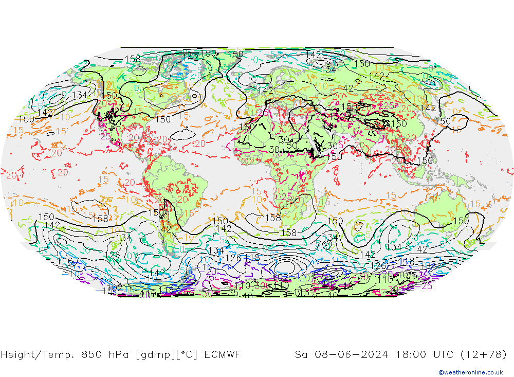 Height/Temp. 850 hPa ECMWF Sáb 08.06.2024 18 UTC