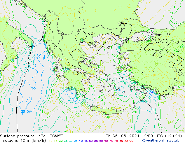 Isotachs (kph) ECMWF Th 06.06.2024 12 UTC