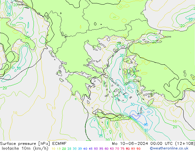 Isotachs (kph) ECMWF  10.06.2024 00 UTC