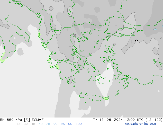 RH 850 hPa ECMWF czw. 13.06.2024 12 UTC