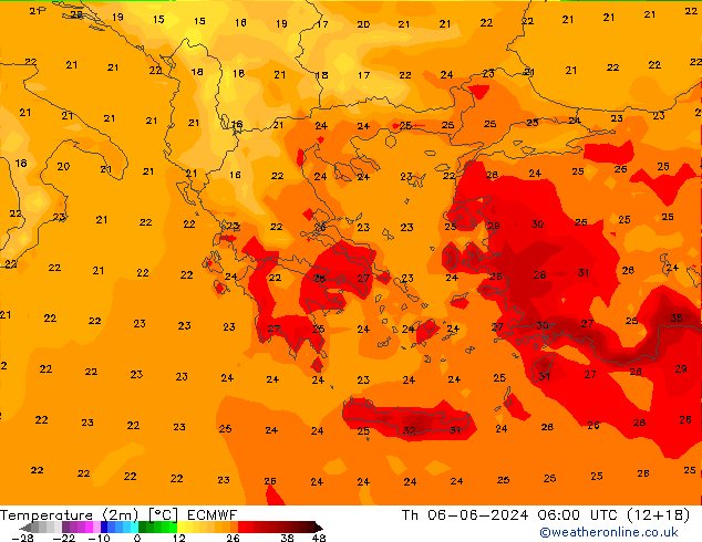 Temperature (2m) ECMWF Čt 06.06.2024 06 UTC