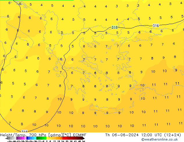 Height/Temp. 700 hPa ECMWF Qui 06.06.2024 12 UTC