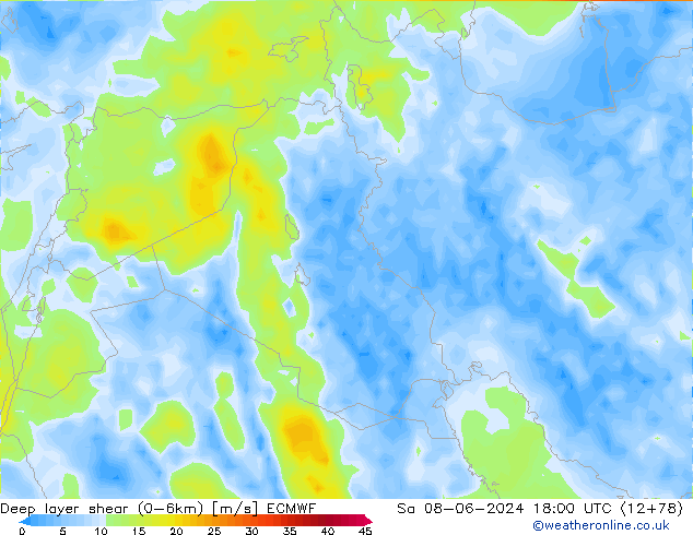 Deep layer shear (0-6km) ECMWF сб 08.06.2024 18 UTC