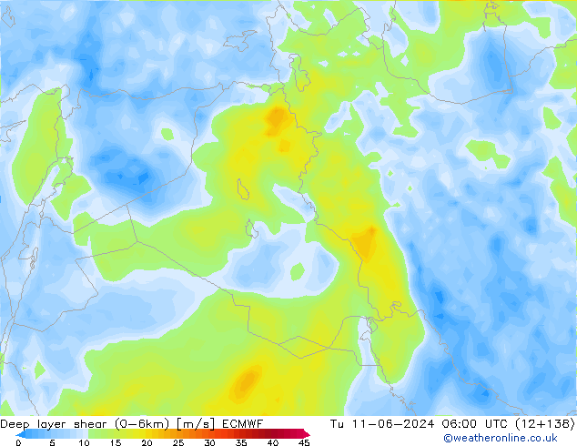 Deep layer shear (0-6km) ECMWF mar 11.06.2024 06 UTC