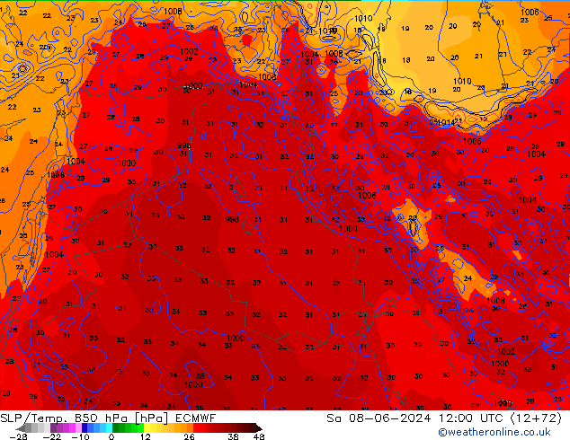 SLP/Temp. 850 hPa ECMWF Sa 08.06.2024 12 UTC