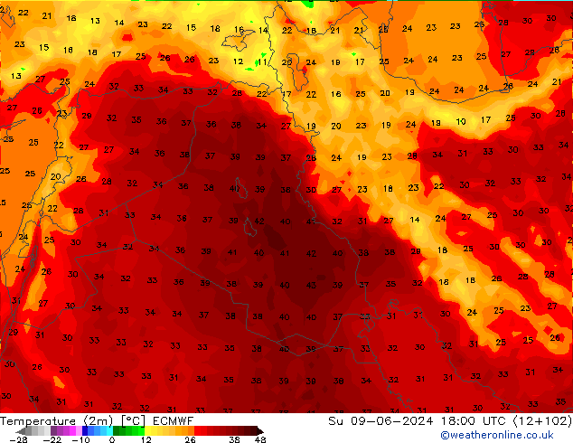 Sıcaklık Haritası (2m) ECMWF Paz 09.06.2024 18 UTC