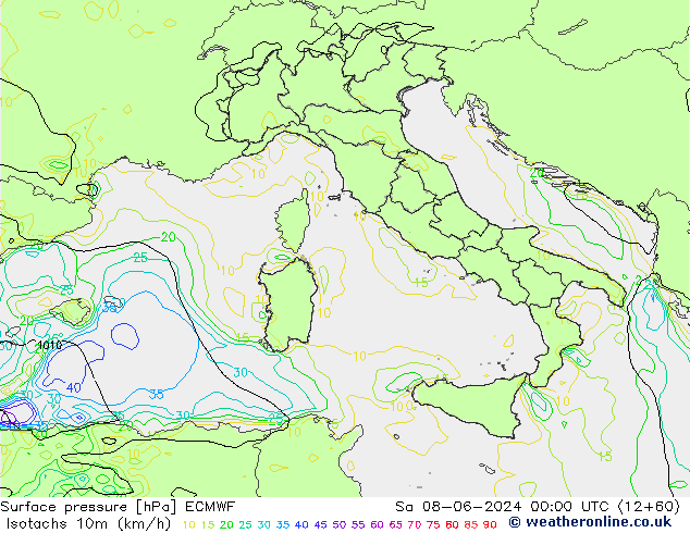 Isotachs (kph) ECMWF sab 08.06.2024 00 UTC