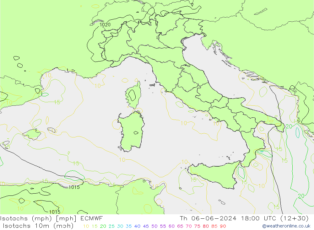 Isotachen (mph) ECMWF Do 06.06.2024 18 UTC