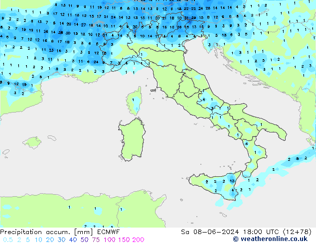 Totale neerslag ECMWF za 08.06.2024 18 UTC