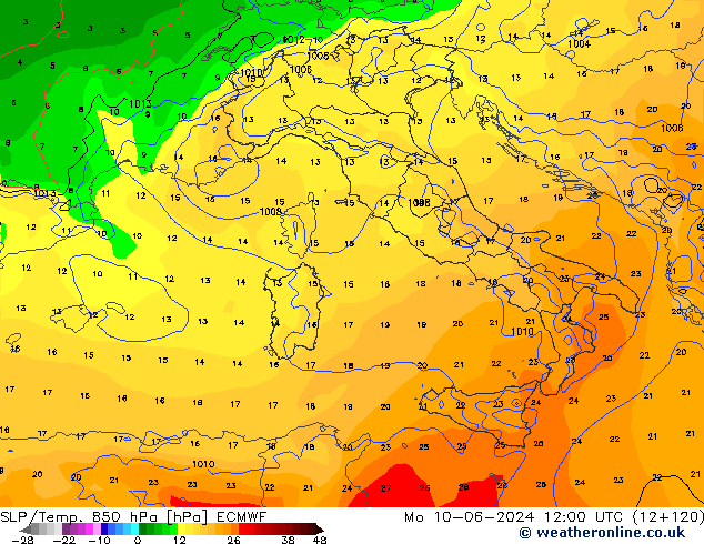 SLP/Temp. 850 hPa ECMWF ma 10.06.2024 12 UTC