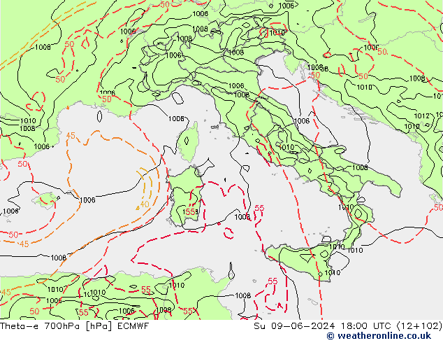 Theta-e 700hPa ECMWF  09.06.2024 18 UTC