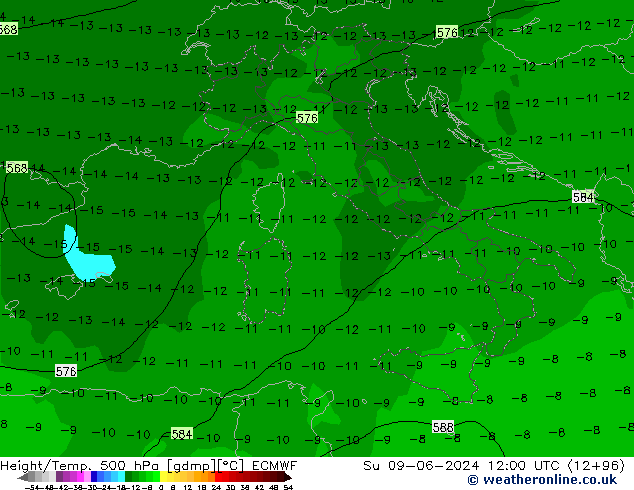 Z500/Regen(+SLP)/Z850 ECMWF zo 09.06.2024 12 UTC