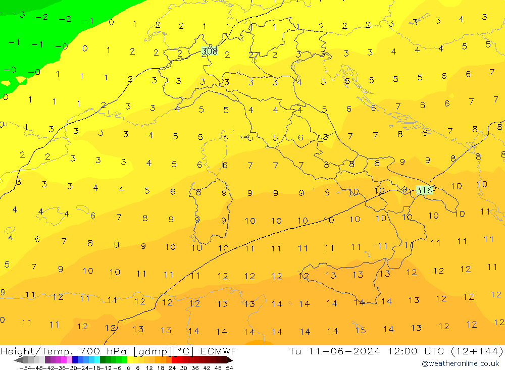 Hoogte/Temp. 700 hPa ECMWF di 11.06.2024 12 UTC