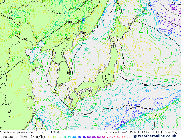 Eşrüzgar Hızları (km/sa) ECMWF Cu 07.06.2024 00 UTC