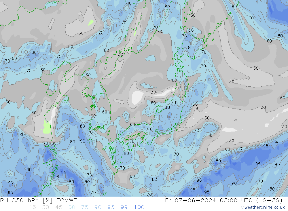 RH 850 hPa ECMWF Sex 07.06.2024 03 UTC