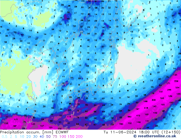 Precipitation accum. ECMWF Út 11.06.2024 18 UTC