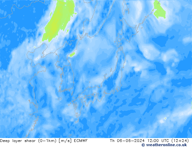 Deep layer shear (0-1km) ECMWF Th 06.06.2024 12 UTC