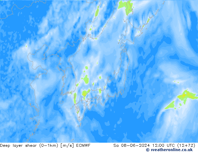 Deep layer shear (0-1km) ECMWF сб 08.06.2024 12 UTC