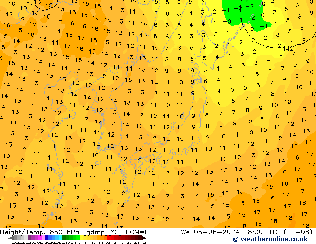 Geop./Temp. 850 hPa ECMWF mié 05.06.2024 18 UTC