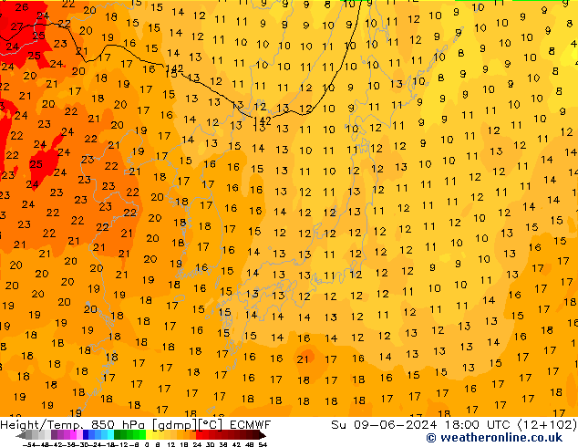 Géop./Temp. 850 hPa ECMWF dim 09.06.2024 18 UTC