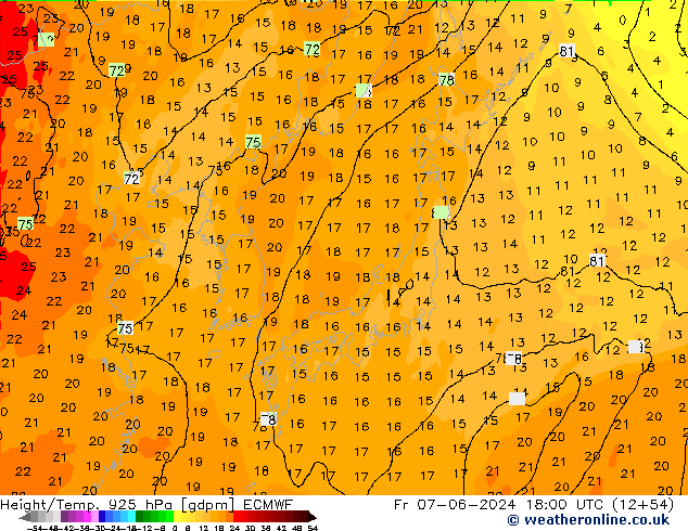 Height/Temp. 925 hPa ECMWF Fr 07.06.2024 18 UTC