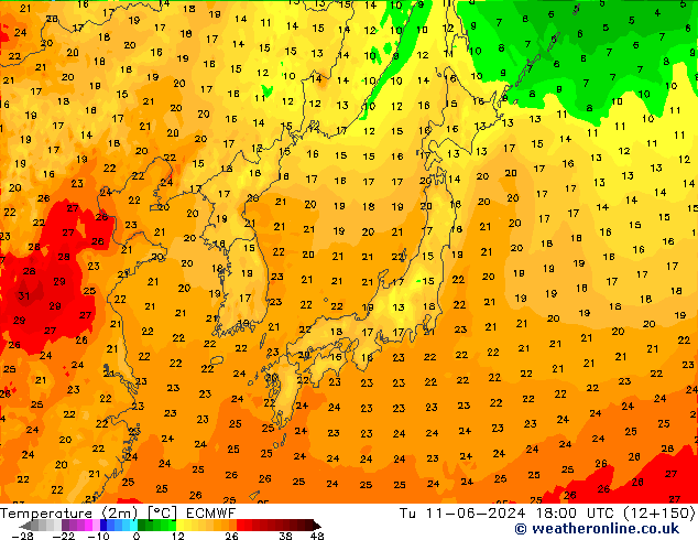 карта температуры ECMWF вт 11.06.2024 18 UTC