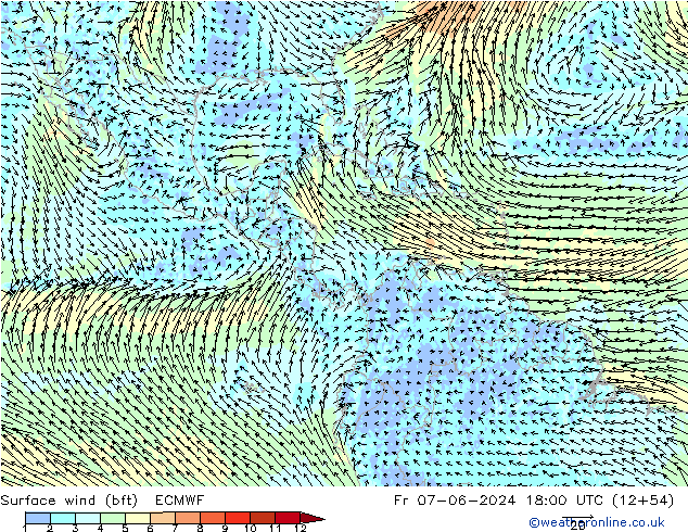 Viento 10 m (bft) ECMWF vie 07.06.2024 18 UTC