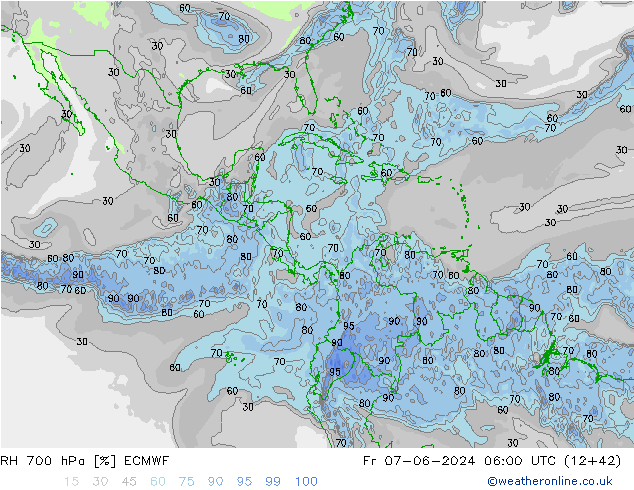 RH 700 hPa ECMWF Sex 07.06.2024 06 UTC