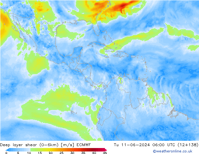 Deep layer shear (0-6km) ECMWF Sa 11.06.2024 06 UTC