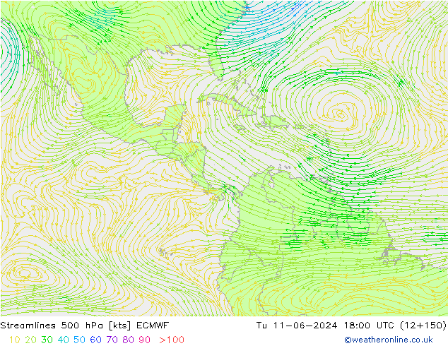 Línea de corriente 500 hPa ECMWF mar 11.06.2024 18 UTC