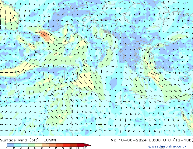 Vento 10 m (bft) ECMWF Seg 10.06.2024 00 UTC