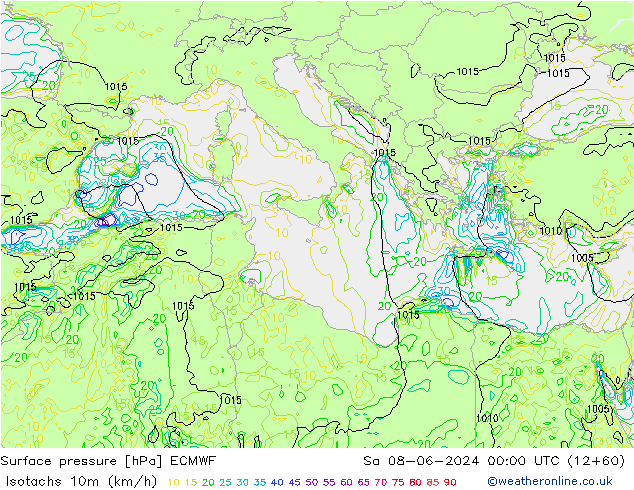 Isotachs (kph) ECMWF So 08.06.2024 00 UTC