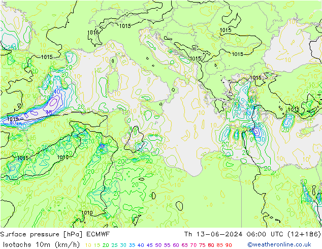 Isotachs (kph) ECMWF Th 13.06.2024 06 UTC