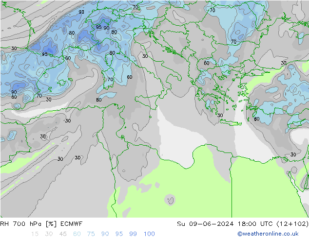 RH 700 hPa ECMWF Su 09.06.2024 18 UTC