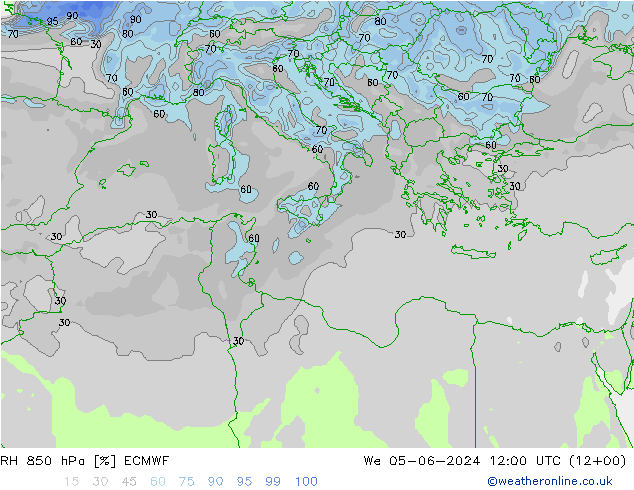 Humidité rel. 850 hPa ECMWF mer 05.06.2024 12 UTC