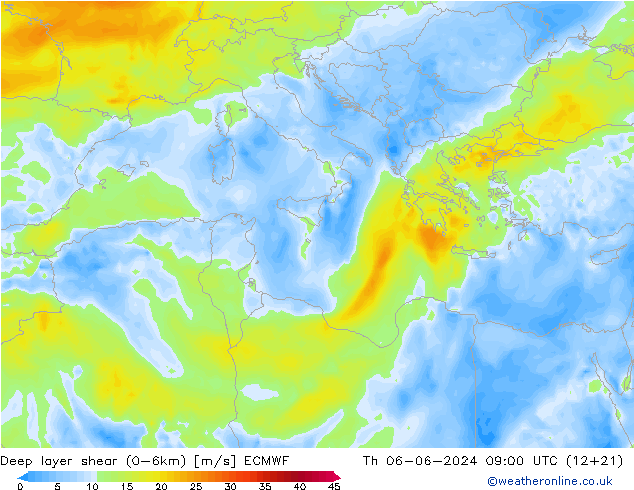 Deep layer shear (0-6km) ECMWF Qui 06.06.2024 09 UTC