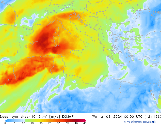 Deep layer shear (0-6km) ECMWF mié 12.06.2024 00 UTC