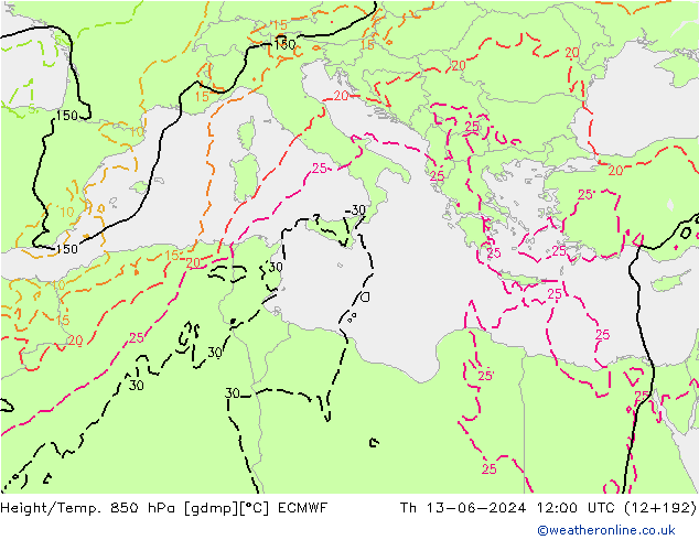 Hoogte/Temp. 850 hPa ECMWF do 13.06.2024 12 UTC