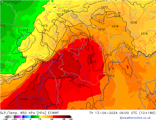 SLP/Temp. 850 hPa ECMWF jue 13.06.2024 06 UTC