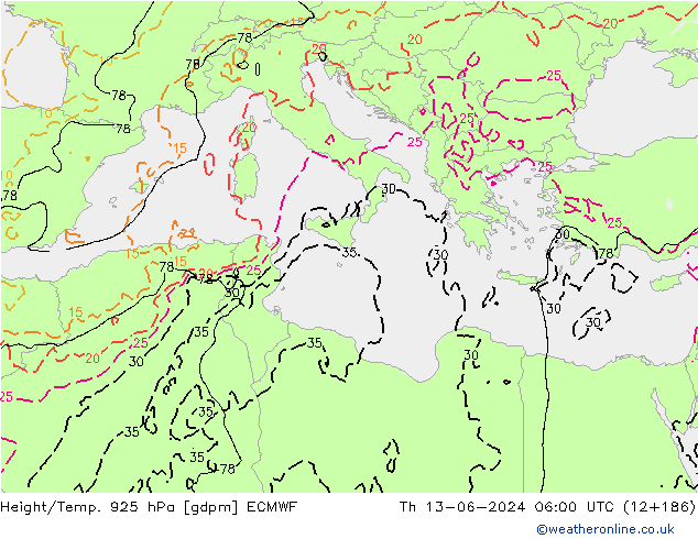 Height/Temp. 925 hPa ECMWF Th 13.06.2024 06 UTC